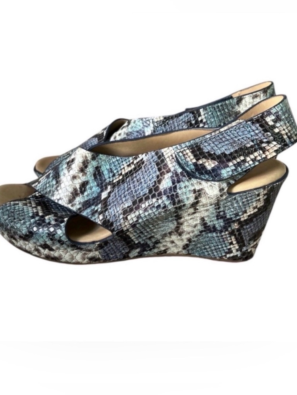 Johnston & Murphy Tori Wedge Sandals in Blue and Black Snake-Print